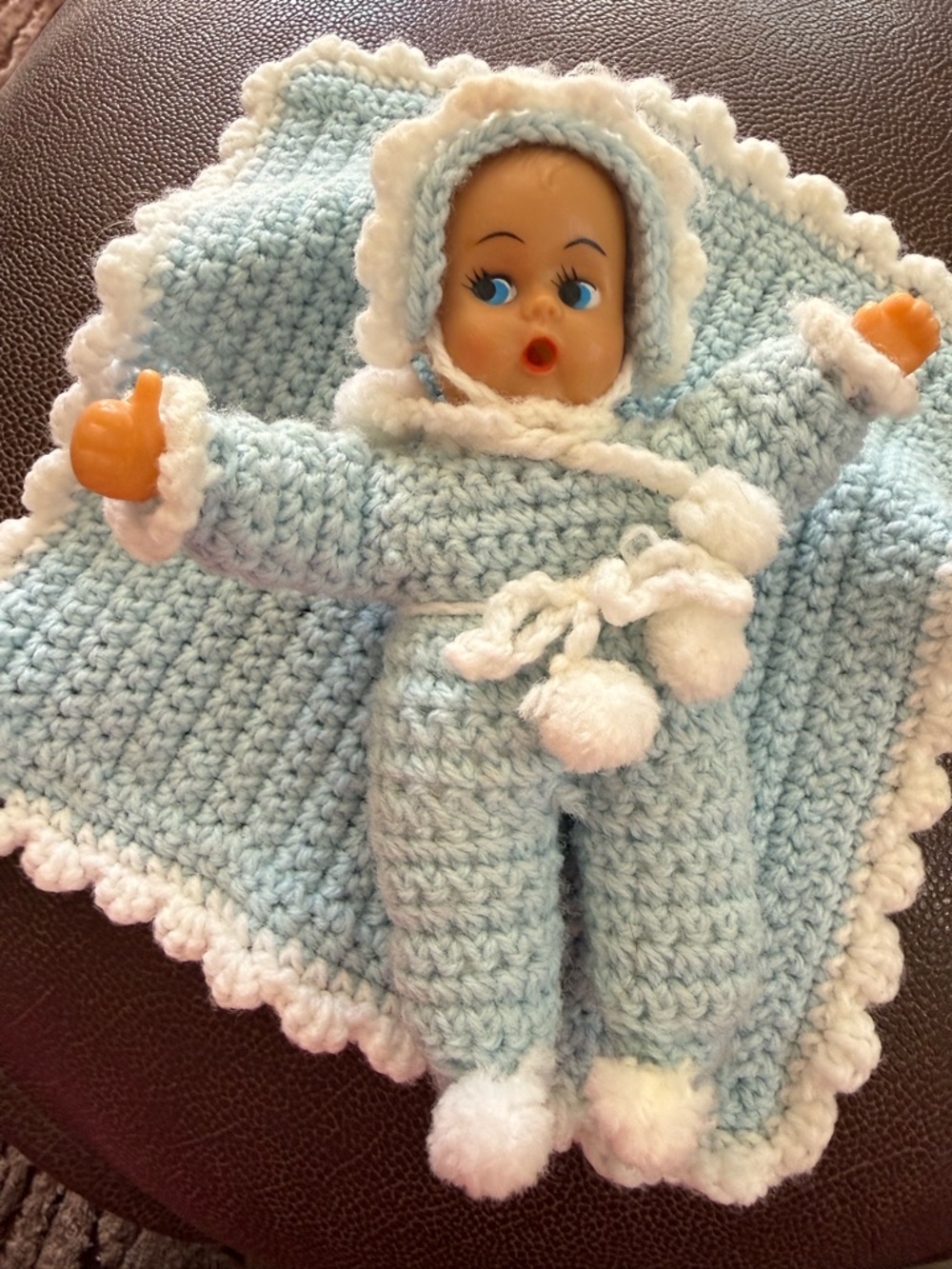 Vintage Crocheted Pajama Doll In Blue and White Blanket -Head & Hands